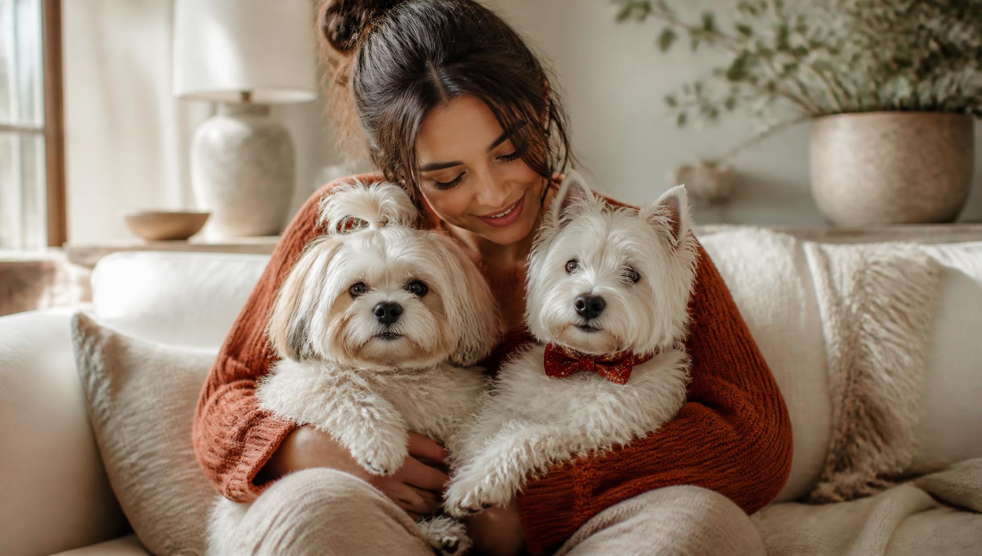 A woman in a terracotta sweater cuddling her Maltese Shih Tzu and West Highland terrier on a cream sofa
